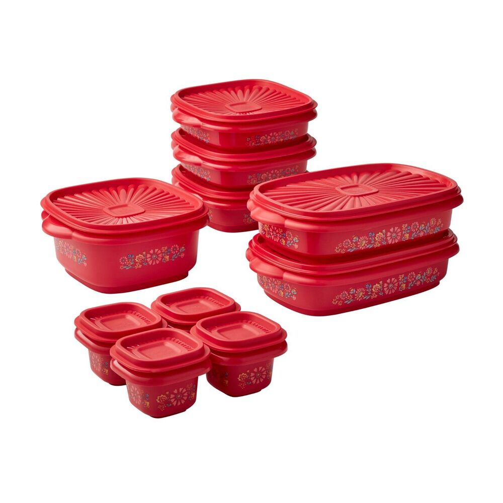Pioneer Woman 20 pcs Red Food Container Storage Set Plastic Floral Kitchen